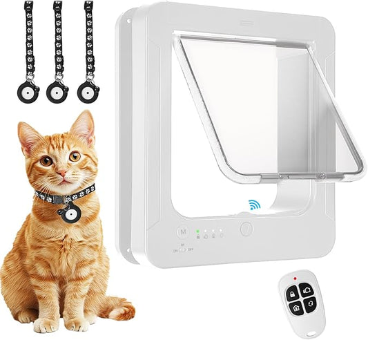 Smart Cat Door for Interior & Exterior, Cat Pet Door with 3 Collar Sensor Keys & 1 Remote Control & 4 Way Locking Cat Flap with RFID Collar Activated Opening