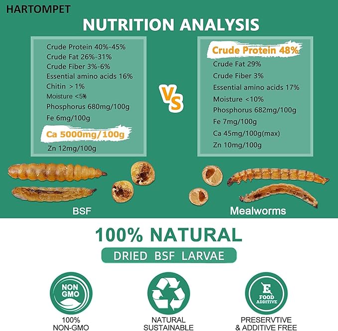 HARTOMPET Better Than Dried Mealworms for Chickens 2 lbs - 85X More Calcium Than Meal Worms - Non-GMO Chicken Feed Additive & Molting Supplement - BSFL Treats for Hens, Ducks, Wild Birds