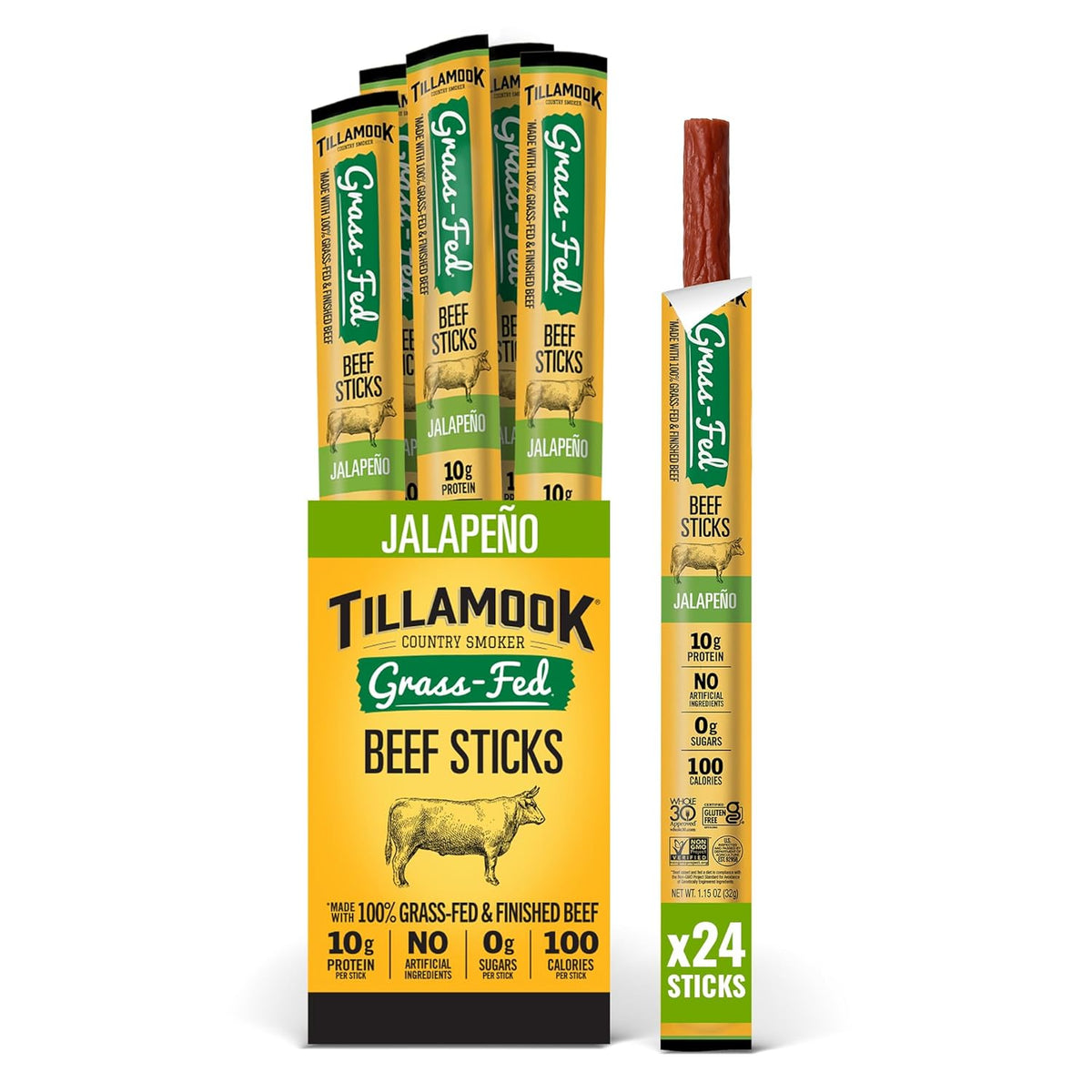 Tillamook Country Smoker 100% Grass Fed Beef Sticks, Zero Sugar, Original, 1.15 Ounce, 8 Pack, Non-GMO Clean Meat Snacks, 10g High Protein Per Stick, Gluten Free Keto Snack, Individually Wrapped