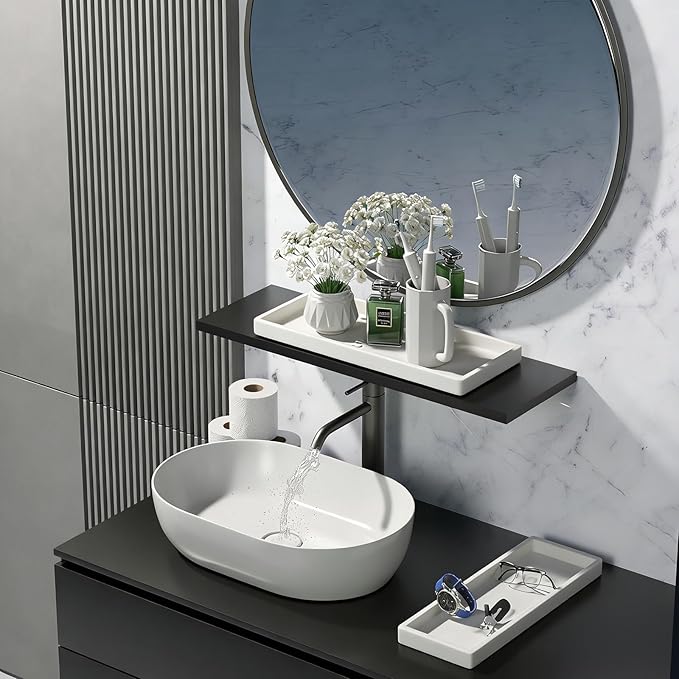 BBK Large Silicone Bathroom Vanity Tray Set, 11.8 in, Black+White, Non-Slip, Ideal for Countertop Organization, Soap Dispenser, Decor, Key Tray, Perfume Tray, Cleanup Easy