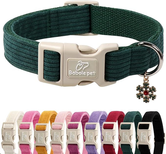 Cute Corduroy Dog Collar - Forest Green Adjustable Dog Collars for Medium Dogs 25-50lbs, Fade-Proof with Secure Snap & Little Charm, Christmas Birthday Gift, M