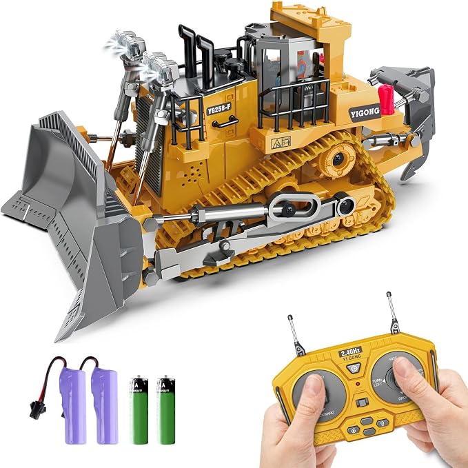 Dwi Dowellin Rc Bulldozer Toys for Boys,Construction Remote Control Bulldozer with Metal bulldozing Shovel Lights/Sounds for Kids Boys