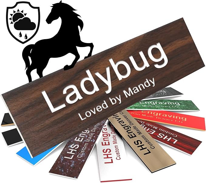 Horse Stall Name Plate, 2x8 Personalized Stall Signs, UV Protected, All Weather Adhesive, Hanging, Mounting or Other, Teak Plastic White Letters - Made in USA - N7