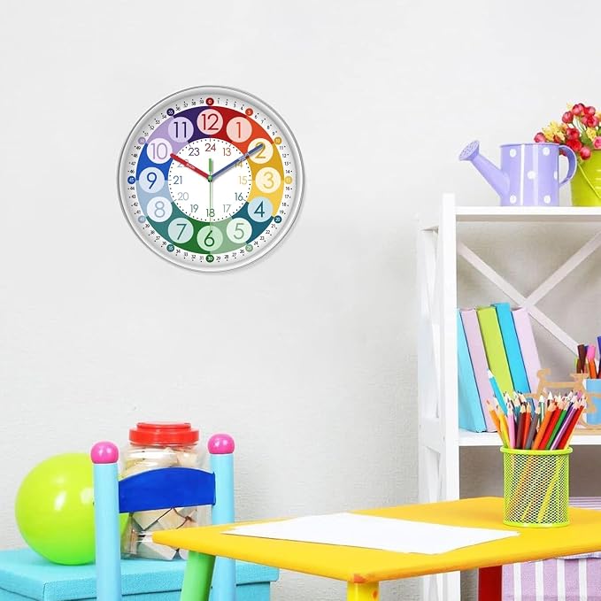 XFM Teaching Clocks Kids Colorful Small Wall Clock Battery Operated 10 Inch