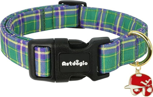 Dog Collar with Dark Green Striped Checkered for Spring Summer, Adjustable Cotton Puppy Collar for Small Medium Large Girl Boy Dogs-M