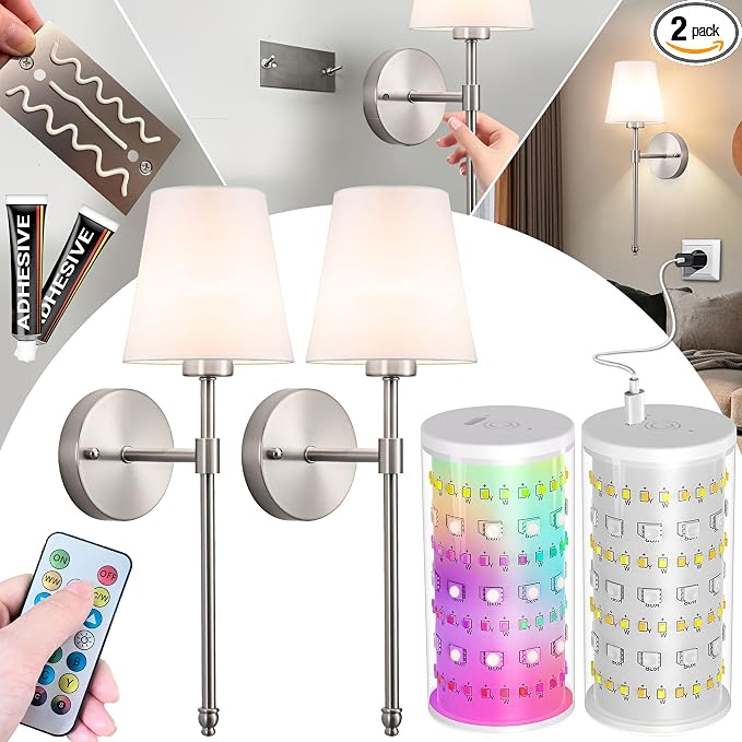 Vimhou Peel and Stick Wall Sconces, Stick On Wall Sconce Set of 2, Battery