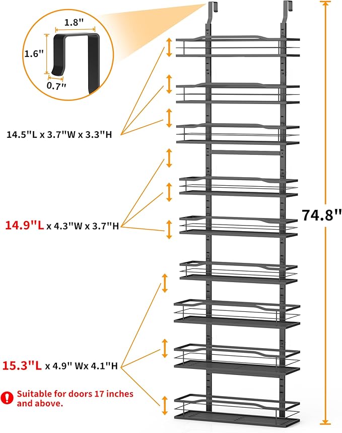 Moforoco 9-Tier Over The Door Pantry Organizer, Pantry Organization and Storage, Black Hanging Basket Wall Spice Rack Seasoning Shelves, Home & Kitchen Bedroom Bathroom House Essentials