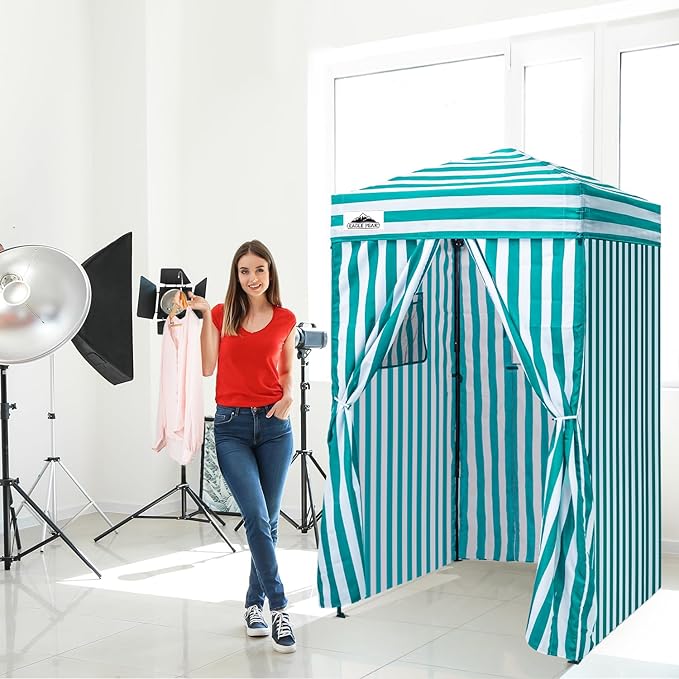 EAGLE PEAK Flex Ultra Compact 4x4 Pop-up Canopy, Sun Shelter, Changing Room, Portable Privacy Canopy Cabana for Pool, Fashion Photoshoots, or Camping, 4x4 ft, White/Light Blue