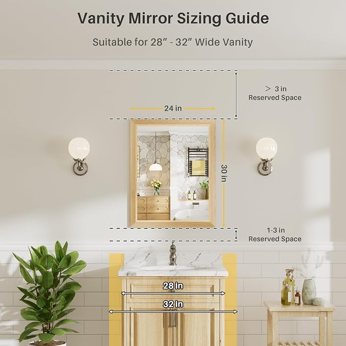 24x30 Inch Bathroom Mirror for Wall, Anti-Rust Oak Wood Grain Metal Framed