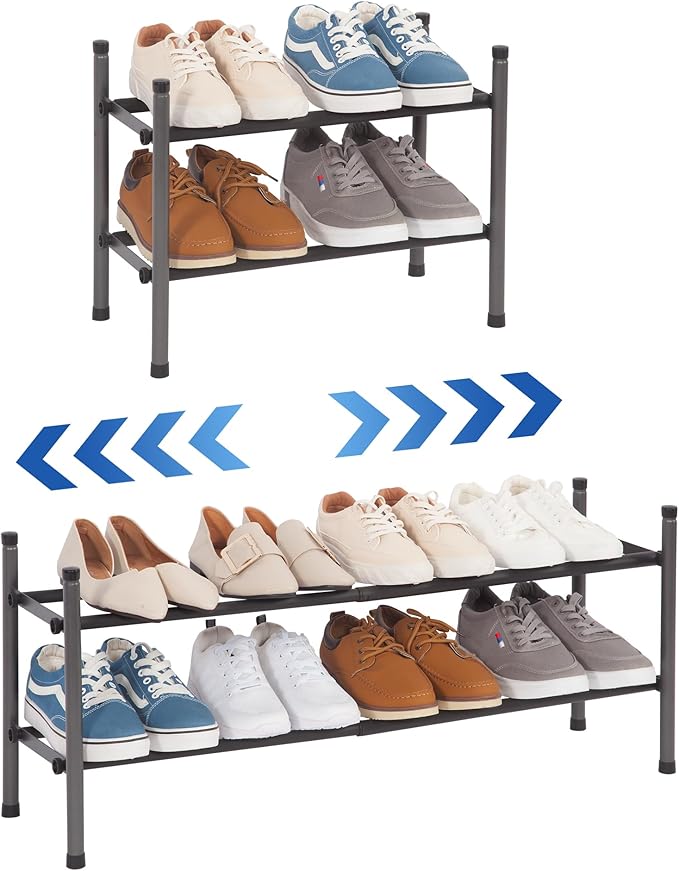 STORAGE MANIAC Expandable Shoe Rack, 8 Pairs Stackable Small Shoe Rack, Metal Adjustable Shoes Organizer for Closet, Entryway, Hallway, Garage, Front Door, Shoes Shelves, Black 2 Tier