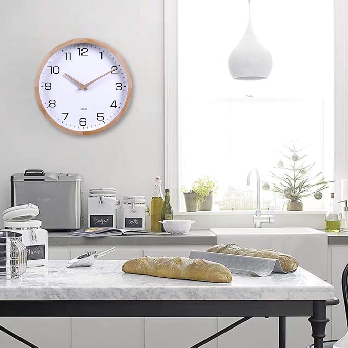 Kesin 12 Inches Wooden Round Silent Wall Clock White Wood Wall Clocks Analog