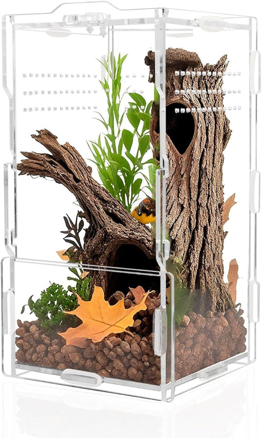 4x4x8 Inch Acrylic Reptile Terrarium，Front Opening Tarantula Enclosure with Swivel Lock & Magnetic Feeding Door，Small Spider Cage for Jumping Spider、Scorpion、Isopods、Snails