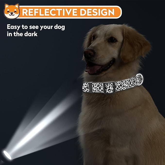 Reflective Dog Collar, Adjustable Soft Neoprene Padded Nylon Pet Collars with Buckle for Puppy and Small Dogs, Cats, Black White Cow,S