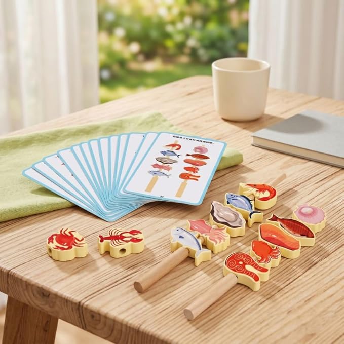 Children Cognitive Game Fruit Lacing Beads Threading Toy Stacking Blocks Matching Cards Wooden Educational Set for Counting Practice and Shape Sorting, Seafood Skewers