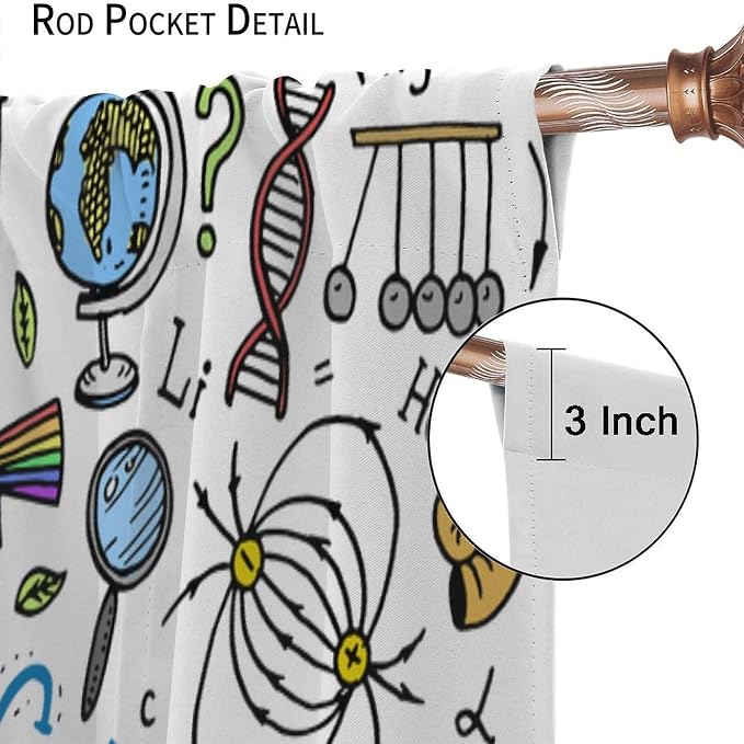 Science Symbols Kids Curtain Sketches Cartoon Chemistry Physics Geometry Education Pattern Print Window Drapes for Bedroom Living Room Kitchen Decor,2 Panel Set,52x84 Inch Blackout