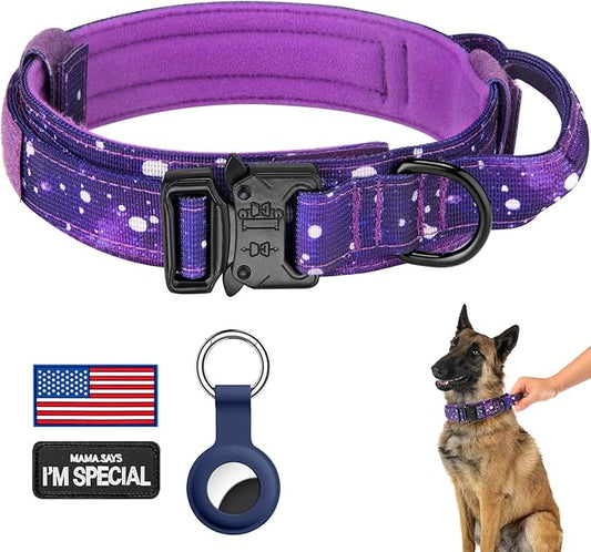 DAGANXI Tactical Dog Collar, Adjustable Military Training Nylon Dog Collar with Control Handle and Heavy Metal Buckle for Medium and Large Dogs, with Patches and Airtags Case (XL, Purple Sky)