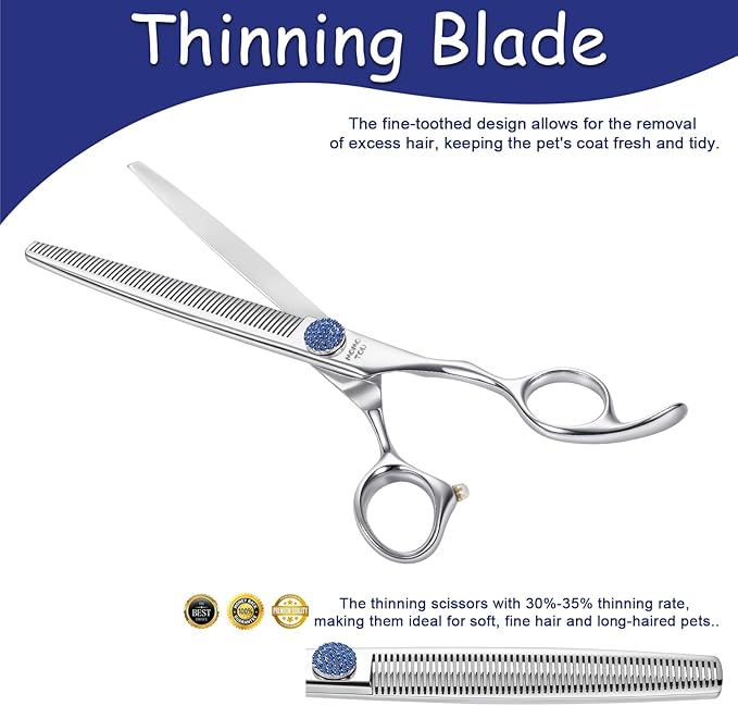 7'' Dog Grooming Scissors Set with Blue Diamond Adjustable Screws CNC 440C Stainless Steel Thinner Chunker Straight Curved Shears with Comb Sharp and Durable