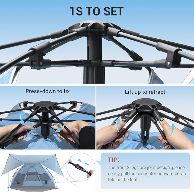 Elegear Beach Tent With 360 Removable Canopy, 4-6 Person Pop Up Sun Shade Shelter, UPF 50+ Automated Installation Double Silver Coating Portable Lightweight Cabana