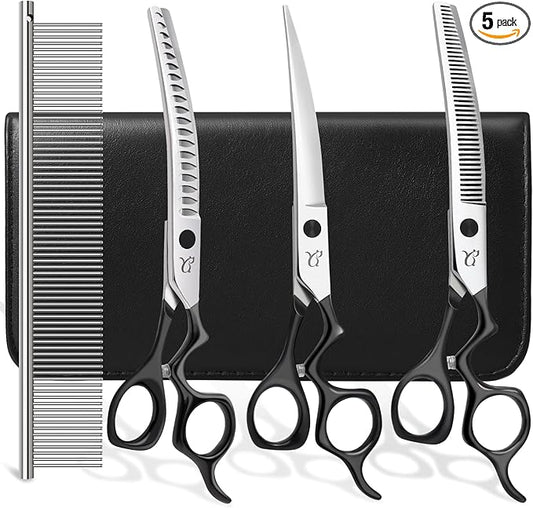 Dog Grooming Scissors,Curved Chunkers Shears Deg Grooming with Safety Round Tips, Sharp and Comfortable 4 in 1 Dog Scissers for Grooming