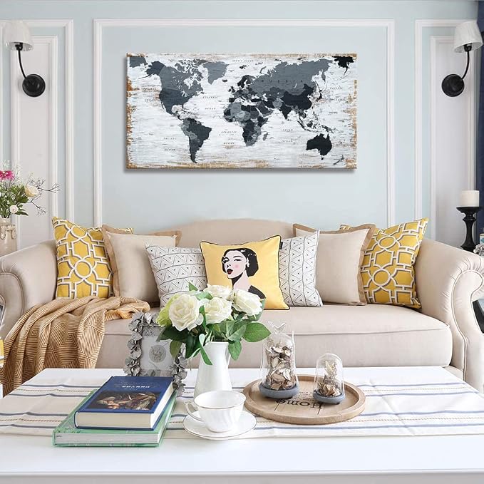 World Map Canvas Wall Art Decor Black Wall Decor Office World Map Wall Art