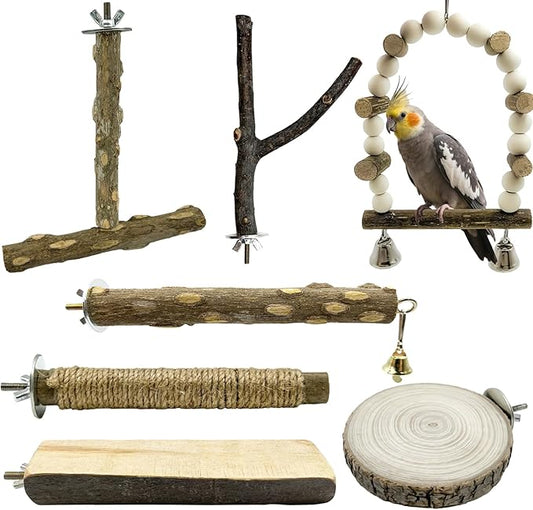 7Pcs Natural Wooden Bird Perch Set – Parrot Perch Toys, Wooden Perch Swing, Cage Accessories for Budgies, Cockatiels, Lovebirds, Finches, and Other Small to Medium Birds