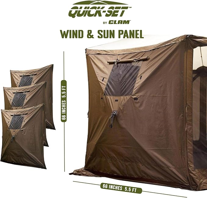 CLAM Venture 9 x 9 Foot Portable Outdoor Gazebo Canopy Camping Tent Shelter, with 3 Wind and Sun Panels and Carry Bag Accessory, Brown