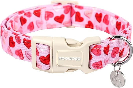 DOGWONG Valentine's Dog Collar - Pink Heart Adjustable Cotton Heart Dog Collar - Perfect for Small, Medium, Large Dogs