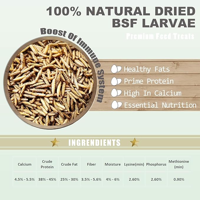 Amzey 11 LBS Dried Black Soldier Fly Larva - 100% Natural BSF Larvae - 85X More Calcium Than Mealworms - High Calcium Treats for Chickens, Birds, Reptiles, Hedgehog, Geckos, Turtles