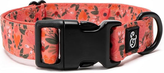 Lucy & Co. Posy Pink Dog Collar - Durable Lightweight Designer Collar for Pets - Adjustable Metal Safety Buckle - Coral Pink Floral - Medium