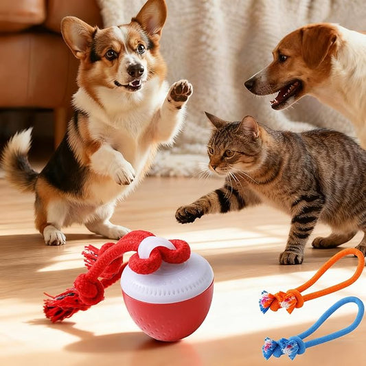 Interactive Dog Toys, Interactive Dog Ball with Birdsong Squeaky Chewable Rope for Small/Medium/Large Dogs,Automatic Moving Dogs Toy Wicked Ball for Boredom & Training,Dog Toys to Keep them Busy (Red)
