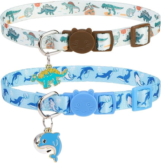 PUPTECK Breakaway Cute Cat Collar with Bell Charm, 2 Packs Adjustable Kitty Collars Animals Pattern, Blue&White, 7.8-11.8 in
