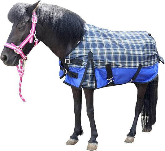 600 Denier Ripstop Mini Horse Blanket - 0g Fill Lightweight, Waterproof Breathable Miniature Pony/Donkey Turnout Rain Sheet Blueplaid 39