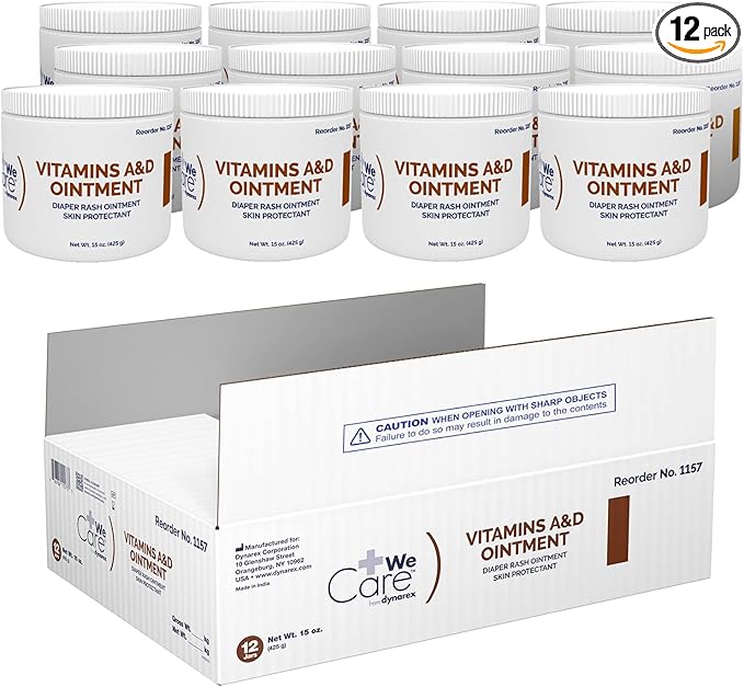Dynarex Vitamins A & D Ointment, Ointment with Vitamin A and Vitamin D Helps Prevent & Treat Skin Irritation, Diaper Rash, White, 15 Ounce (Pack of 12)