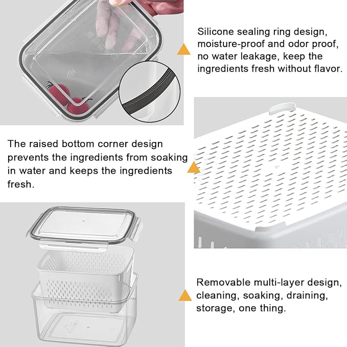 3Pack Fridge Food Storage Container Set with Lids with Strainer, Fruit Vegetable Storage Containers Keep Fruits, Vegetables, Berry, Meat Fresh longer, BPA-Free Plastic Produce Keepers