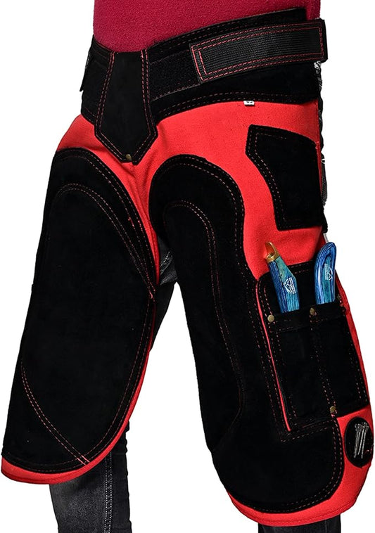 Equine Care Farrier Apron Chaps 2mm Cowhide Leather, 500 GSM Canvas, Air-Mesh, 23" Length, Adjustable Waist (28"-52"), Ergonomic Foam-Padded Thigh & Back Support, 4 Knife Pockets, 2 Nail Magnets.