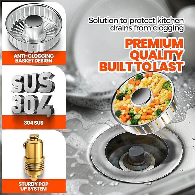 Kitchen Sink Drain Strainer & Sink Stopper, Upgraded 3 in 1 Stainless Steel Drain Plug Combo with Anti-Clog Basket, Pop Up Drain Cover for Standard 3-1/2'', Fits Double Bowl Kitchen Sinks