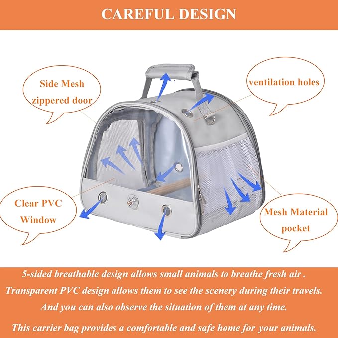 Bird Carrier Travel Cage with Stand, Small Bird Travel Carrier for Parrot with Perch, Side Access Window (Grey)
