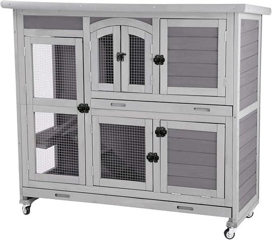 Aivituvin Bunny Cage Rabbit Hutch Indoor Rabbit House with Wheels Outdoor Guinea Pig House with Two Plastic Tray