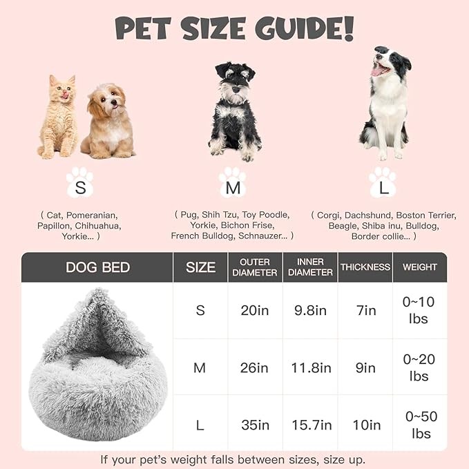 Himax Donut Dog Beds for Large Dogs with Blanket, Cozy Soft Fluffy Round Dogs Beds, Calming Dog Bed Washable (20"/26"/35") Light Grey