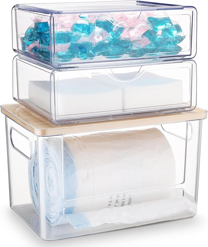 3Pcs Extra Large Laundry Room Organization and Storage, Stackable Storage Drawers, Trash Bag Holder Under Sink, Garbage Bag Dispenser Roll Holder for Vanity, Bathroom,Cabinet,Desk Organization