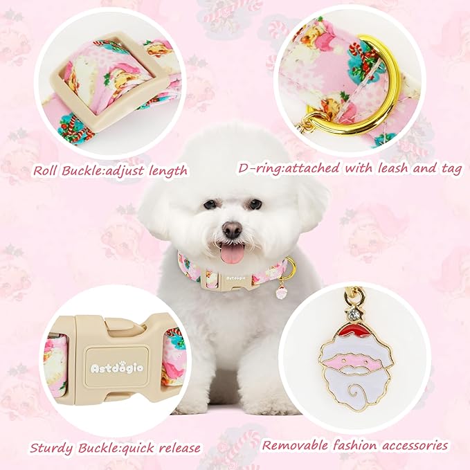 Christmas Dog Collar for Small Dogs, Adjustable Poly-Cotton Fabric Collar with Santa Pattern, Cute Pink Dog Collar for Dogs, Medium Dog Collars Girls Dog Collars