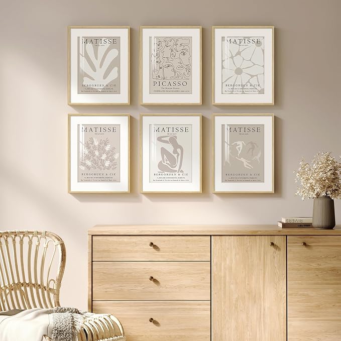 Framed Neutral Abstract Wall Art, 6 Piece Modern Matisse Prints Artwork