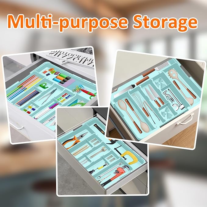Large Utensil Drawer Organizer Expandable Silverware Organizer for Kitchen Drawer Adjustable Cooking Utensil Holder Cutlery Flatware Tray Spatula Tools Gadgets Storage Dividers Plastic Turquoise