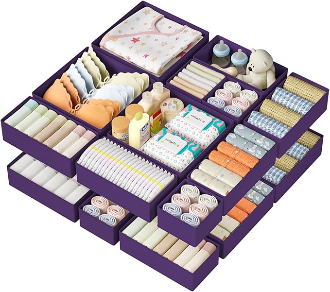 DIMJ Drawer Organizer Clothes 15 Pack - Foldable Baby Organizers and Storage & Dresser Organizer for Bedroom, Closet - Nursery Organization Dresser Dividers for underwear, Sock,Bra, Belt, Tie, Purple