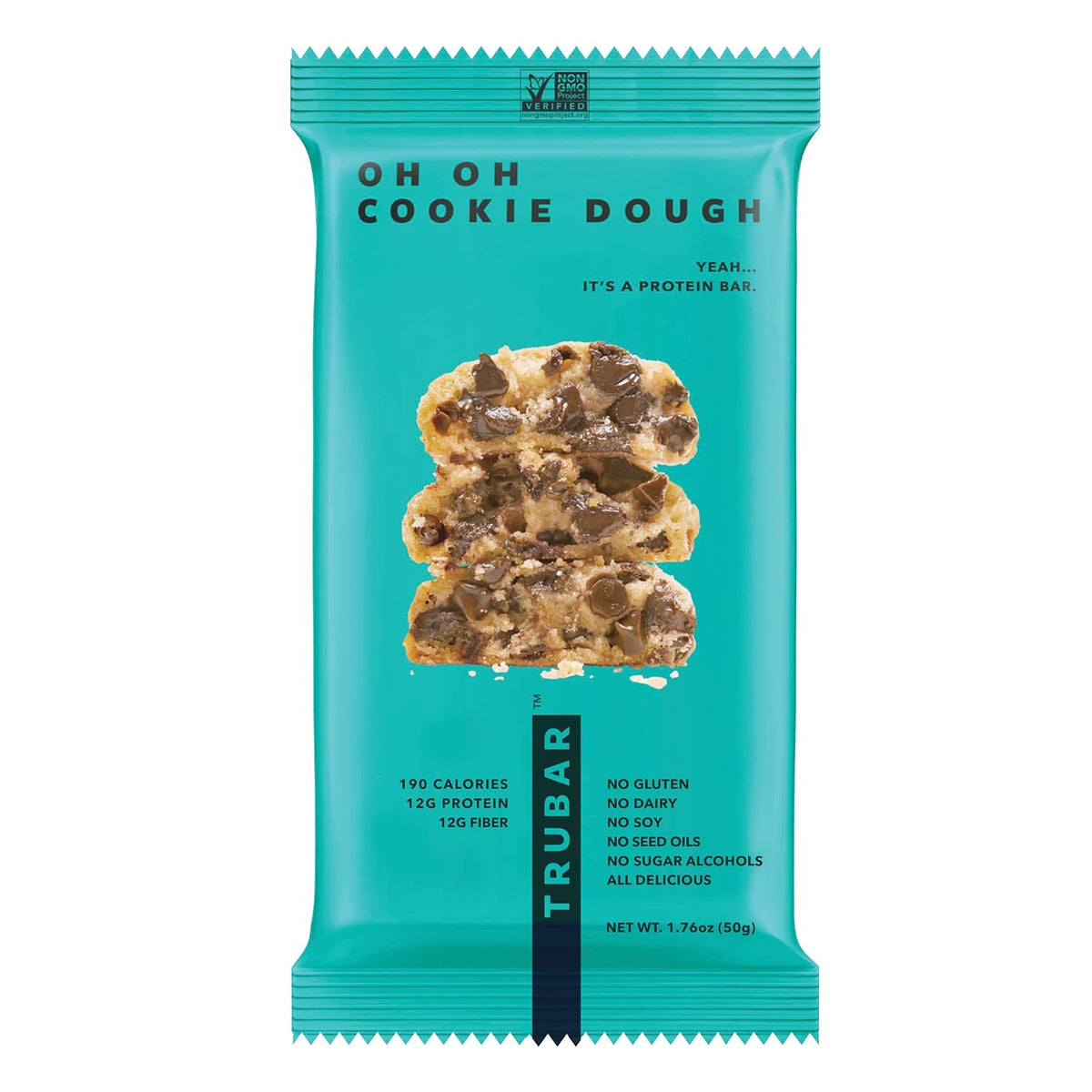 TRUBAR Vegan Protein Bar, Oh Oh Cookie Dough, Gluten Free, Plant Based, High Fiber, Dairy Free, Low Fat, Non GMO, No Sugar Alcohols, 12G Lean Protein, 13G Fiber, Healthy Snack Bars, 1 CT