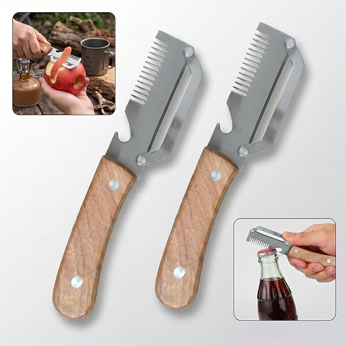 3 in 1 Multifunction Vegetable Peeler + Bottle Opener + Grater with Wooden Handle, Stainless Steel Hand Held Peeler for Potato, Pumpkin, Carrot, Fruit and Vegetable Peeler for Kitchen 2 Pcs