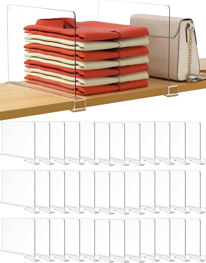 HBlife 36 Pack Clear Shelf Dividers, Vertical Purse Organizer for Closet Perfect for Sweater, Shirts, Handbags in Bedroom and Kitchen, Adjustable Acrylic Bookshelf for Organization