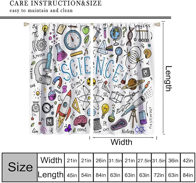 Science Symbols Kids Curtain Sketches Cartoon Chemistry Physics Geometry Education Pattern Print Window Drapes for Bedroom Living Room Kitchen Decor,2 Panel Set,84x84 Inch Blackout