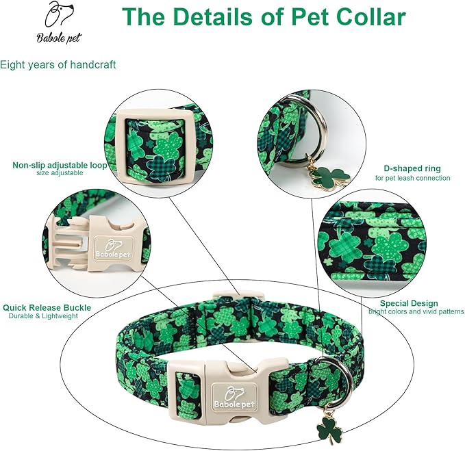 St Patricks Day Dog Collar for Small Dogs - Green Lucky Clover Dog Collars, Lightweight Adjustable Irish Festival Shamrock Dogs Collars with Quick Release Buckle S