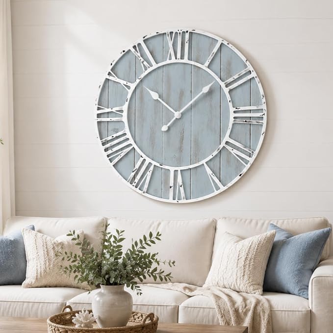 Quelay 30 Inch Coastal Wall Clock, Quiet Ticking Battery Operated, Rustic Retro